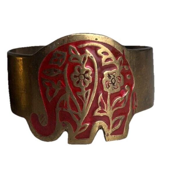 Vintage Brass Elephant Animal Napkin Rings Set Of 4 Marked India Gold Tone & Red - Picture 2 of 13